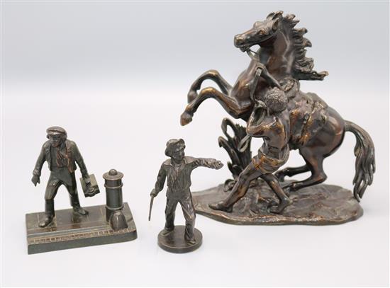 Small bronze figure of a sailor with cutlass, another of a shoe shine boy and a Marly horse group after Coustou